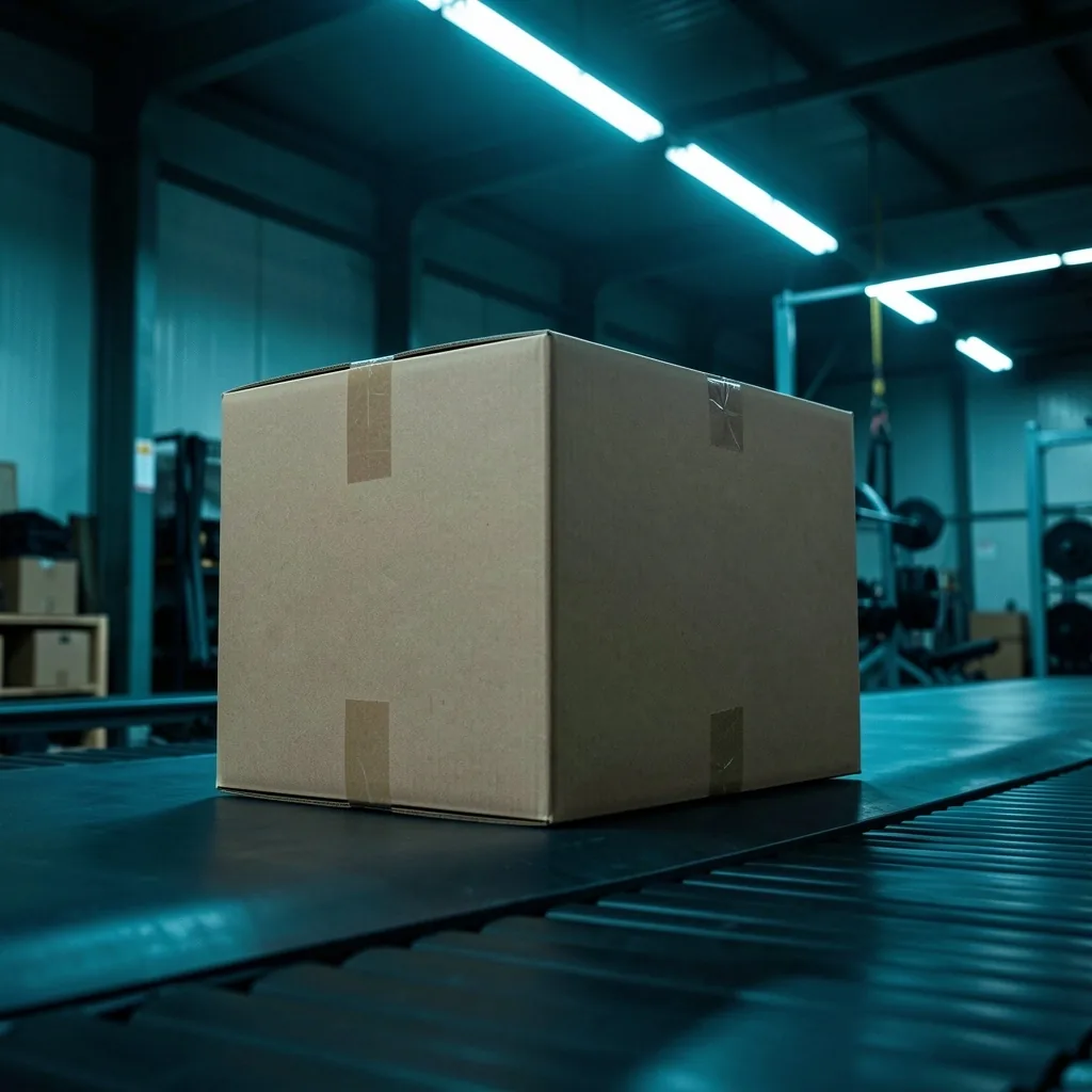 Sealed shipping box on a warehouse conveyor