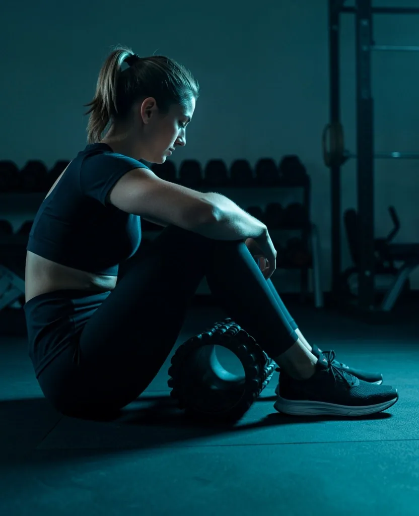 Person performing foam rolling on a calf muscle