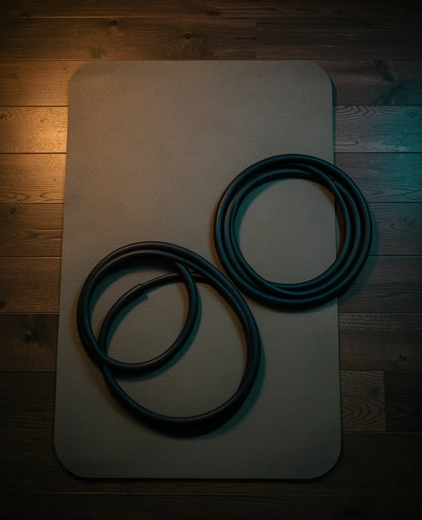 Gentle fitness equipment: pilates mat and resistance bands on dark floor